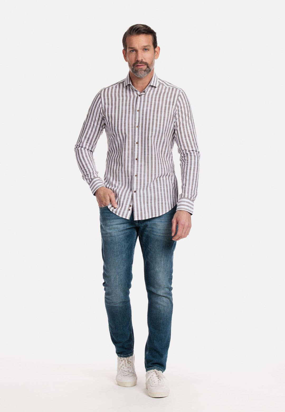 Giordano Row Cutaway Striped Shirt - Brown - 317814-80