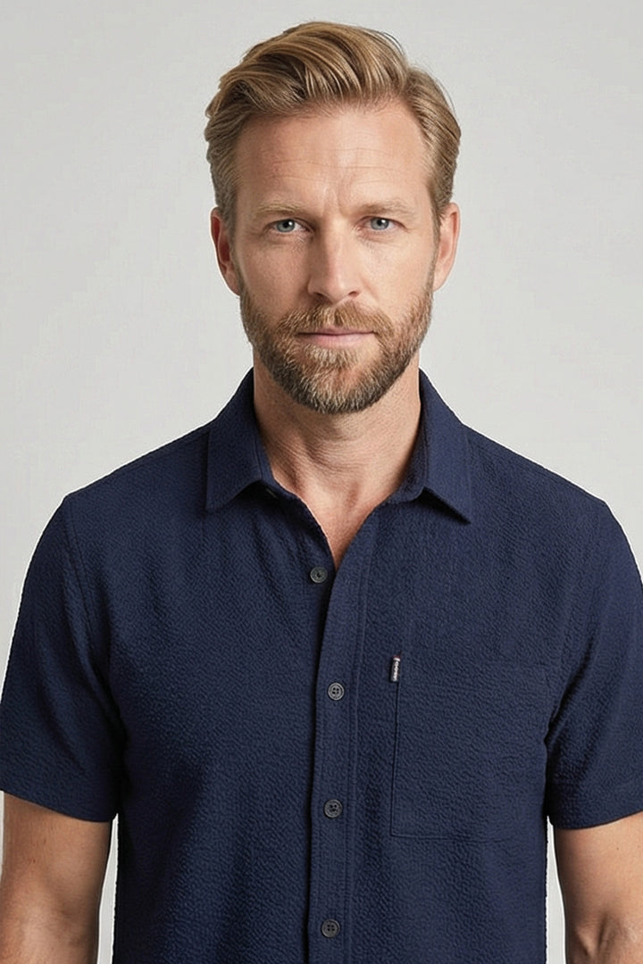 Giordano Puglia Seersucker Short-Sleeve Shirt - Blue