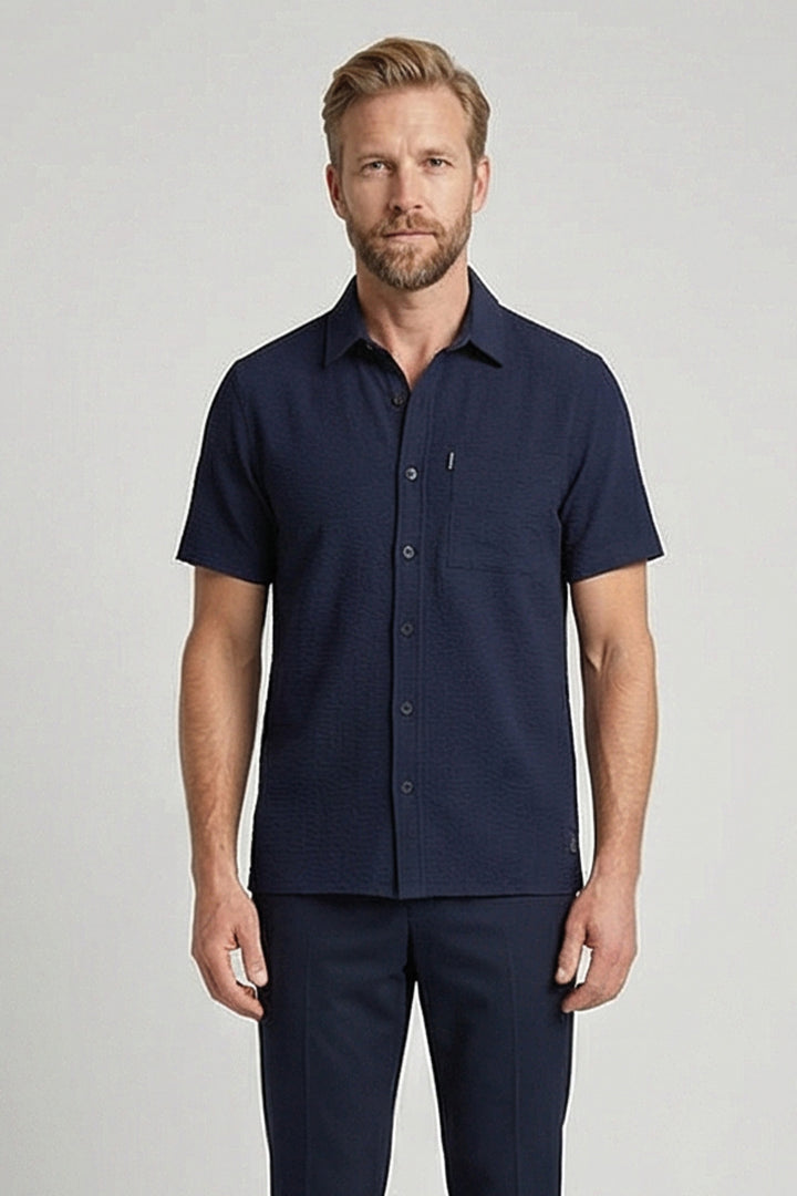 Giordano Puglia Seersucker Short-Sleeve Shirt - Blue