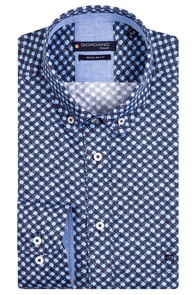 GIORDANO Blauw Lange Mouw Regular fit Button Down Print Overhemd 327028 60 - Overhemd - Giordano Casual - GIORDANO Blauw Lange Mouw Regular fit Button Down Print Overhemd 327028 60 - 327028/60/S