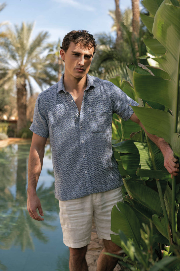 Giordano Puglia Sturctuur Korte Mouw Overhemd - Middenblauw