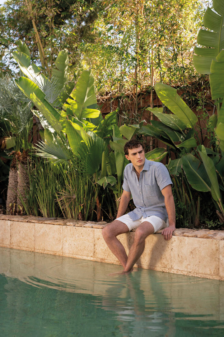 Giordano Puglia Sturctuur Korte Mouw Overhemd - Middenblauw