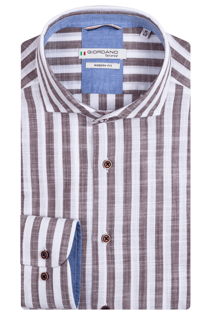 Giordano Row Cutaway Gestreepte Overhemd - Bruin - 317814-80