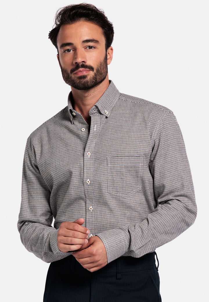 Giordano Ivy Pied-de-Poule Overhemd - Bruin - 527310-80