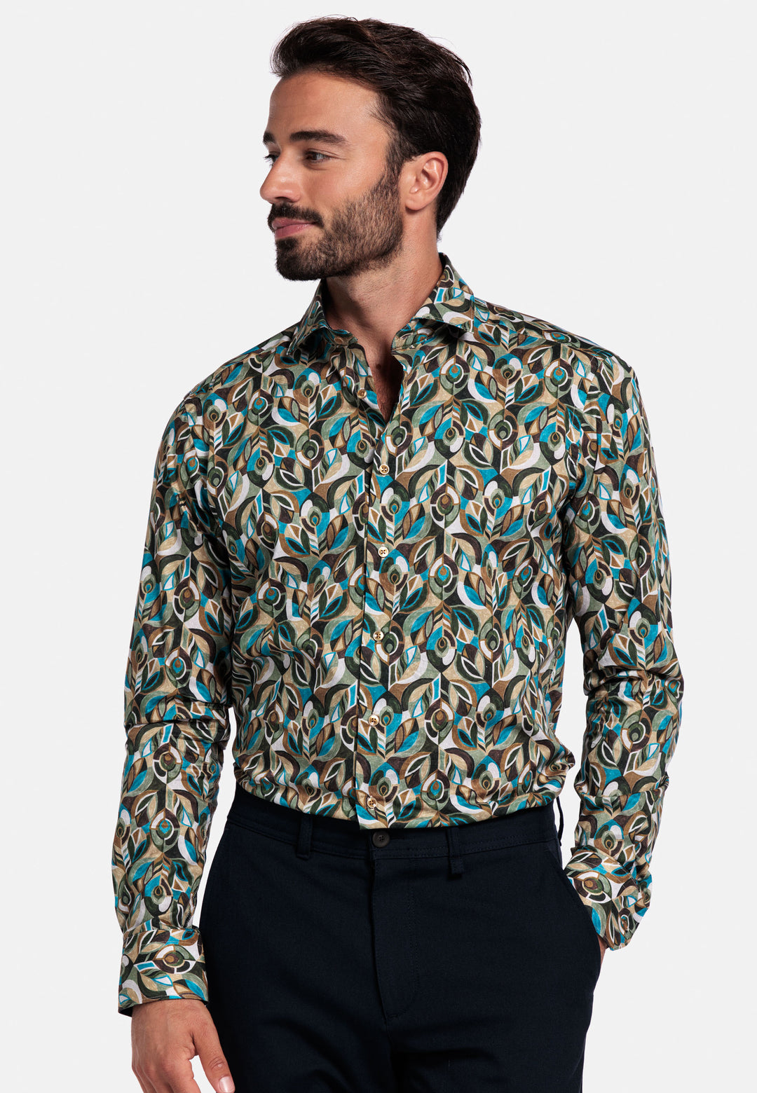 Giordano Maggiore Semi Cutaway Abstracte Print Overhemd - Groen - 527829-70