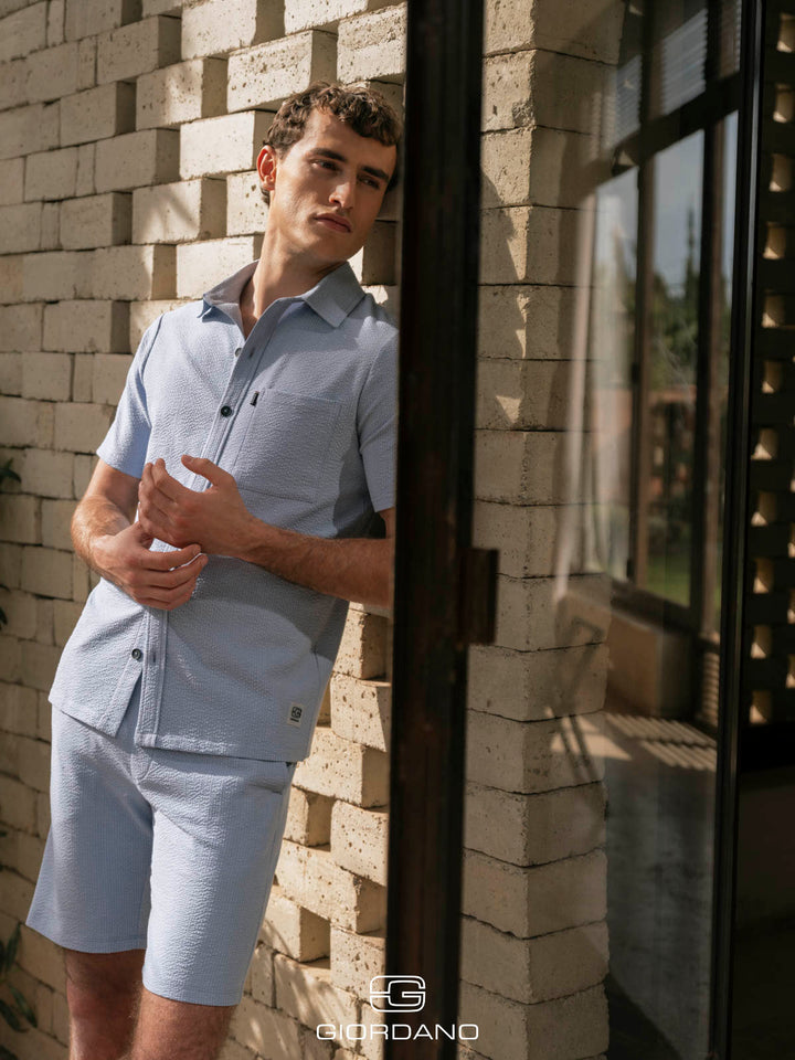 Giordano Sassari Seersucker Shorts - Lichtblauw
