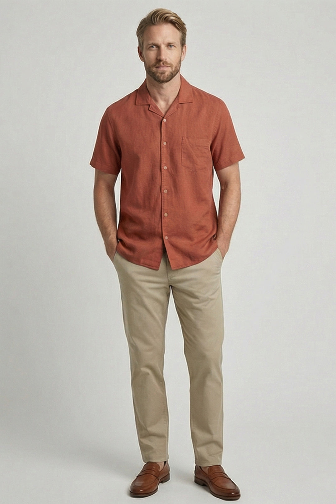 Giordano Capri Garment Dyed Korte Mouw Overhemd - Roestrood