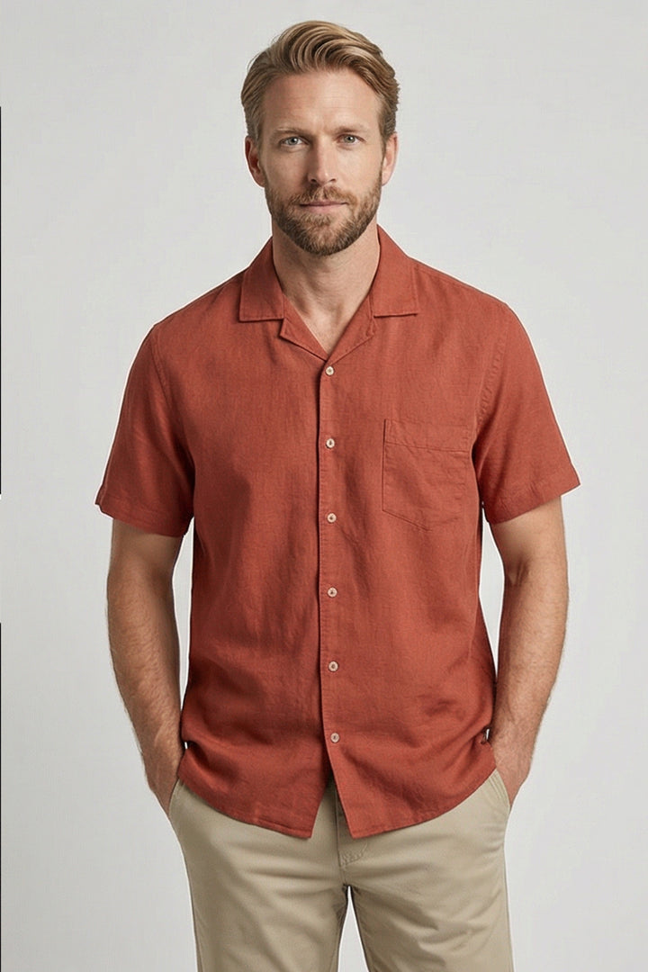 Giordano Capri Garment Dyed Korte Mouw Overhemd - Roestrood