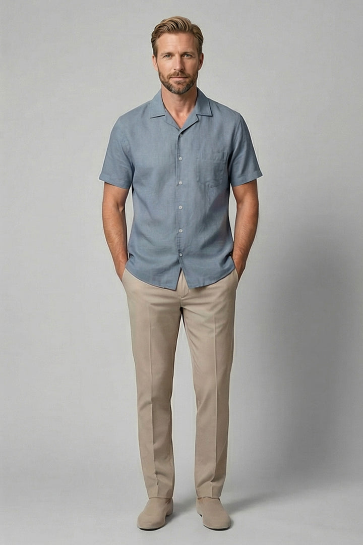 Giordano Capri Garment Dyed Korte Mouw Overhemd - Middenblauw