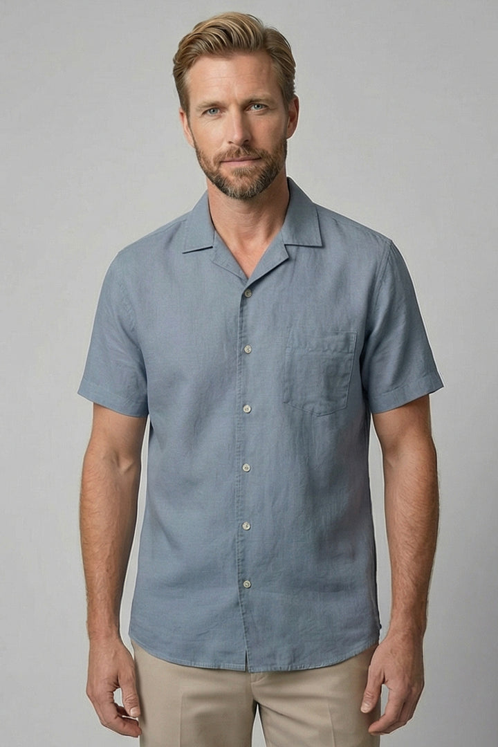 Giordano Capri Garment Dyed Korte Mouw Overhemd - Middenblauw
