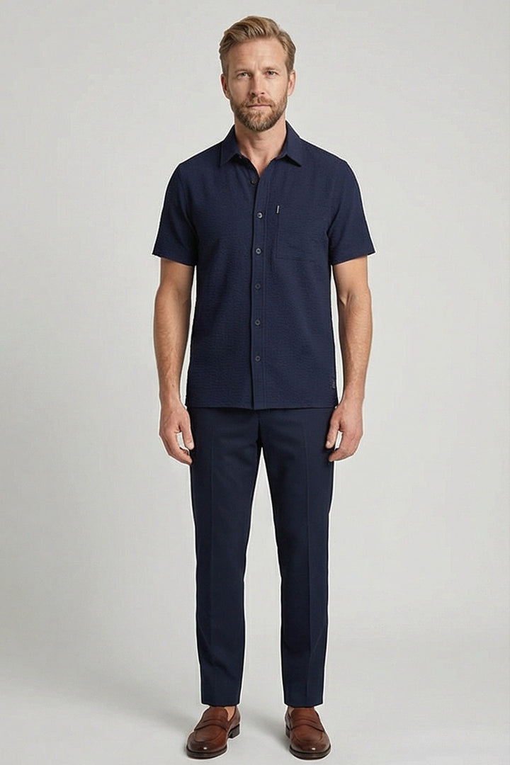Giordano Puglia Seersucker Korte Mouw Overhemd - Blauw
