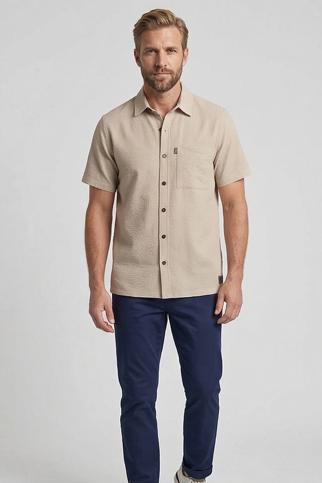 Giordano Puglia Seersucker Korte Mouw Overhemd - Beige