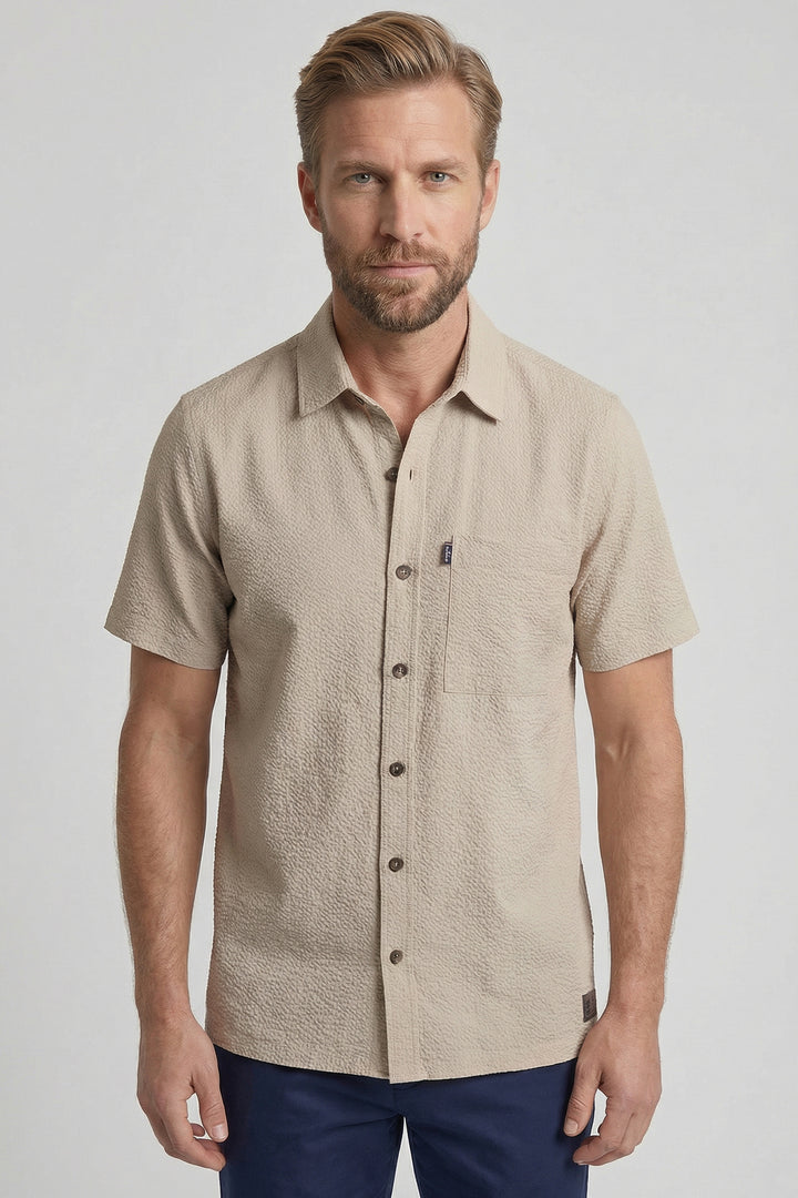 Giordano Puglia Seersucker Korte Mouw Overhemd - Beige