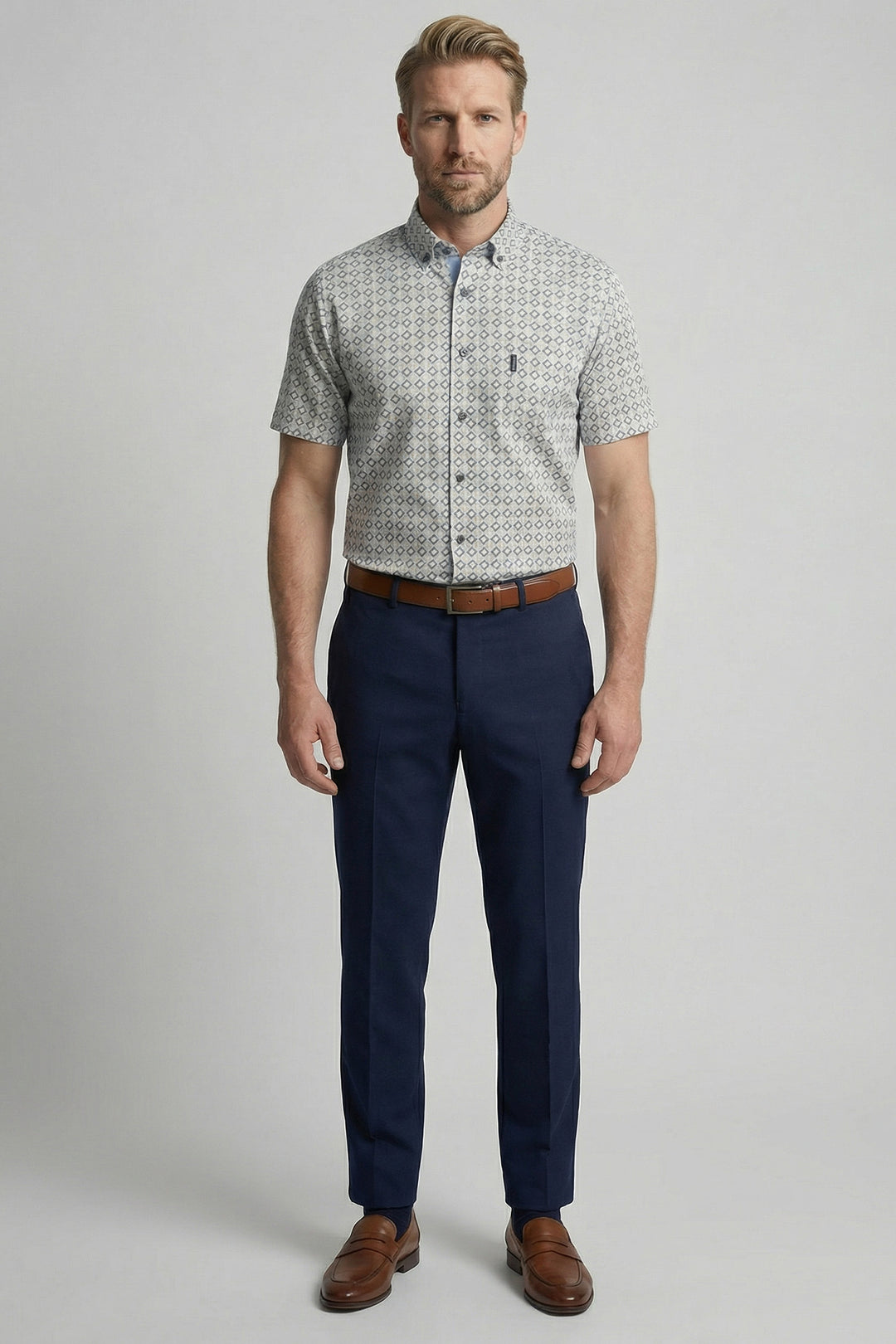 Giordano League Korte Mouw Print Overhemd - Blauw