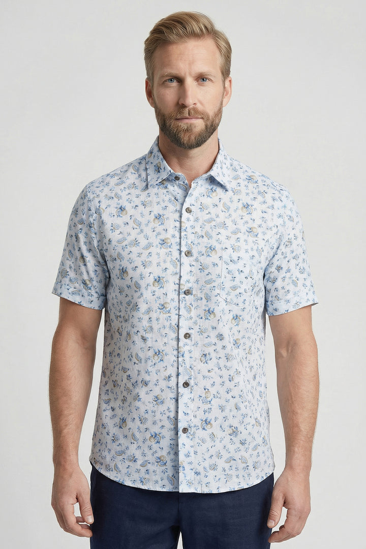 Giordano Trento Korte Mouw Print Overhemd - Lichtblauw