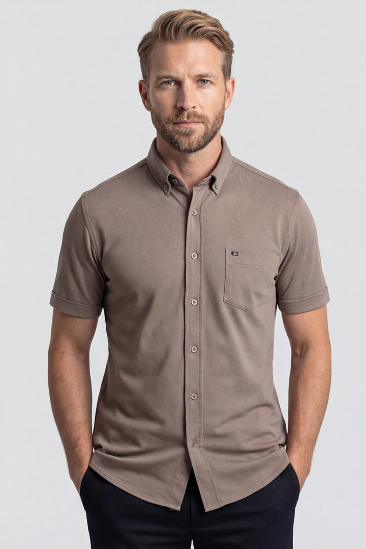 Giordano Alfa Liquid Cotton Korte mouw overhemd - Donker Beige