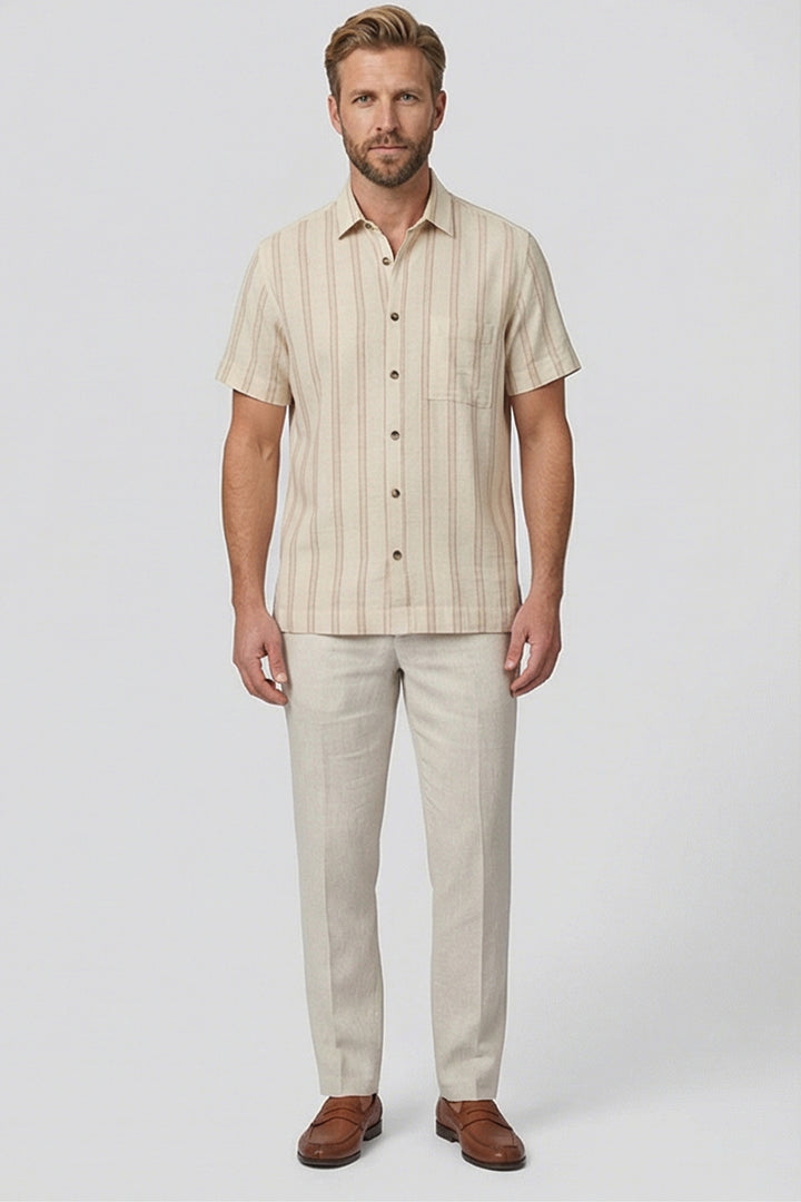 Giordano Puglia Gestreept Korte Mouw Overhemd - Beige