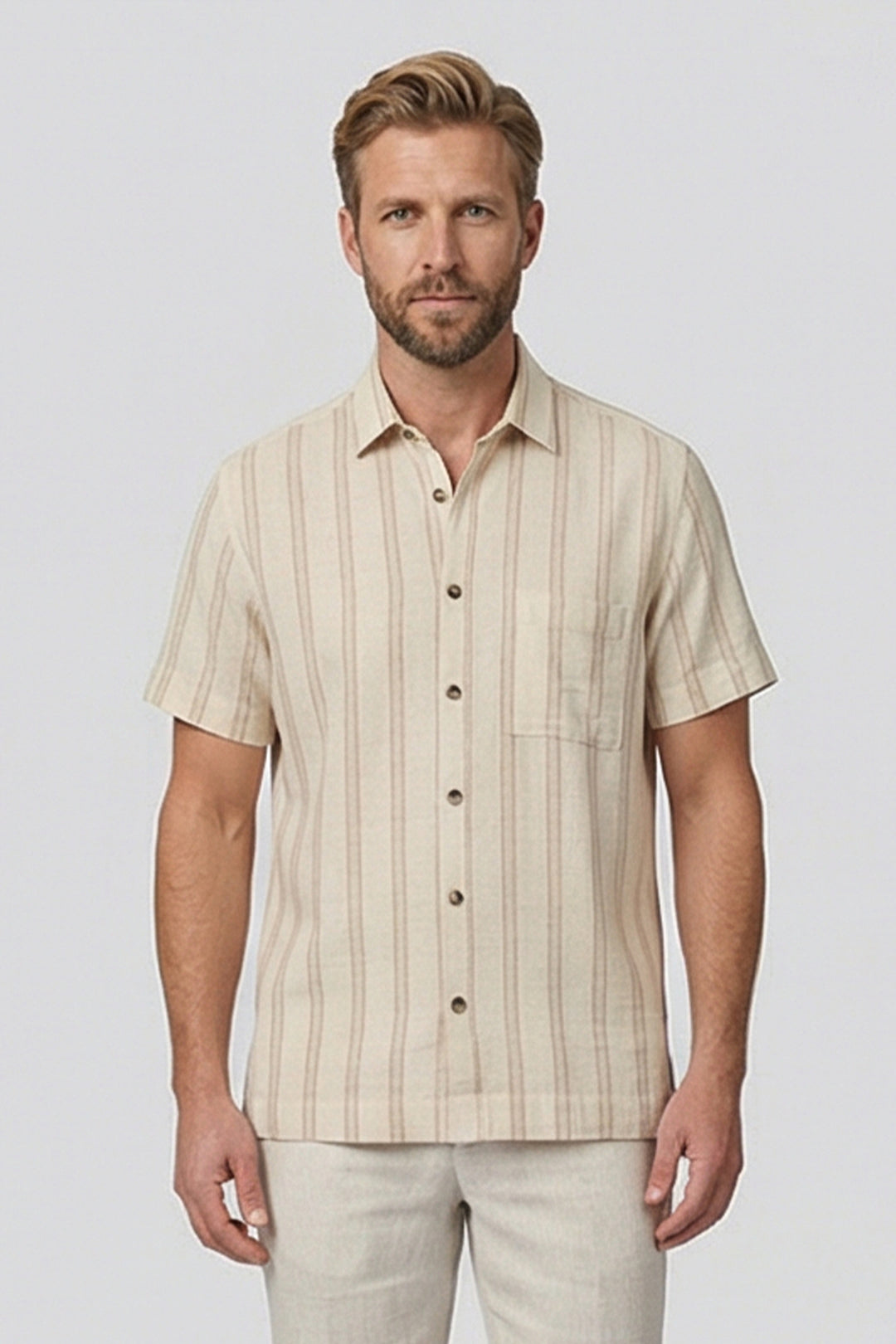 Giordano Puglia Gestreept Korte Mouw Overhemd - Beige