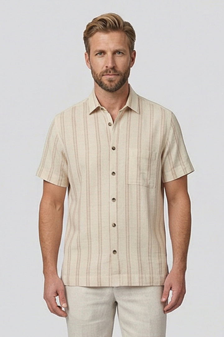 Giordano Puglia Gestreept Korte Mouw Overhemd - Beige