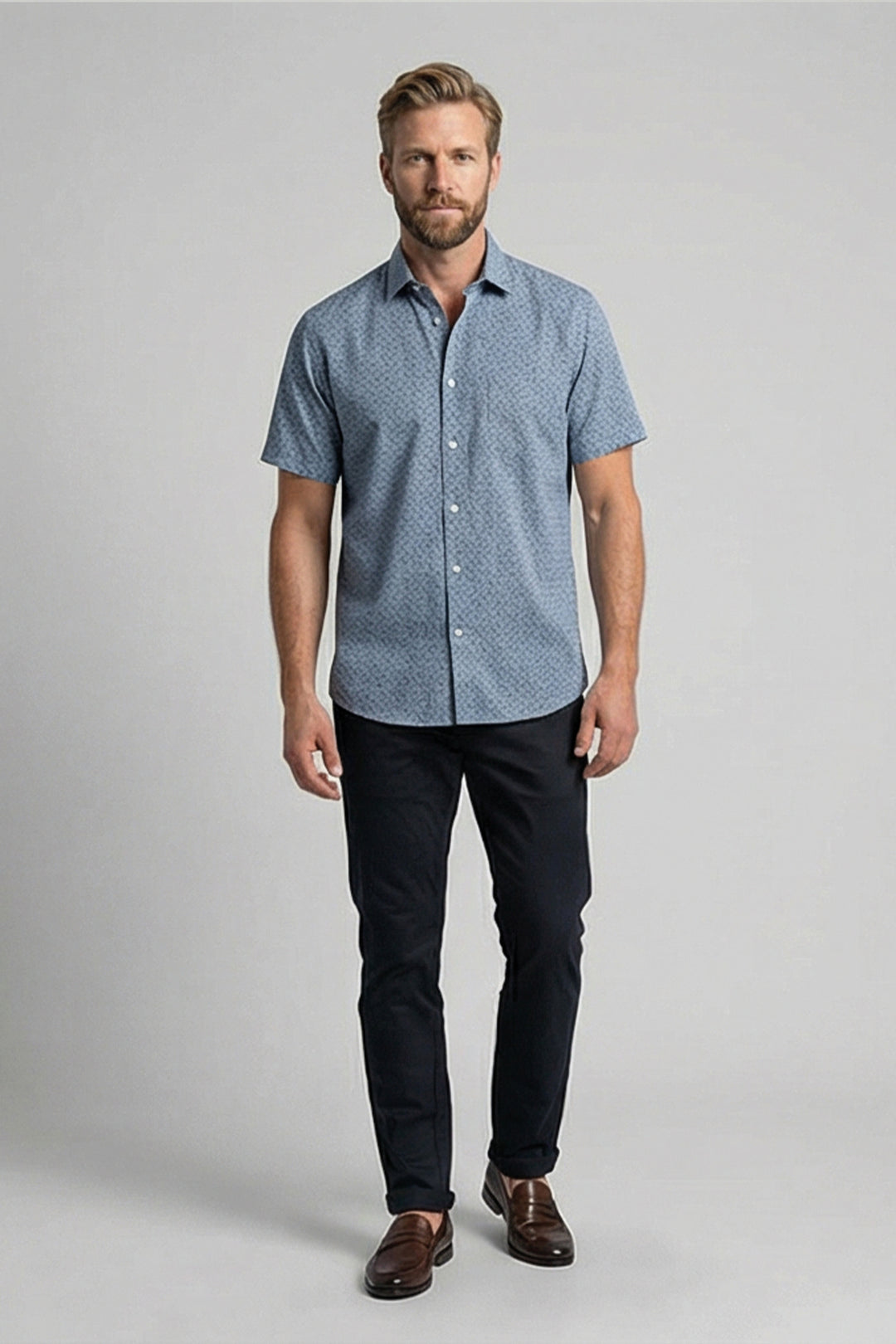 Giordano Puglia Sturctuur Korte Mouw Overhemd - Middenblauw