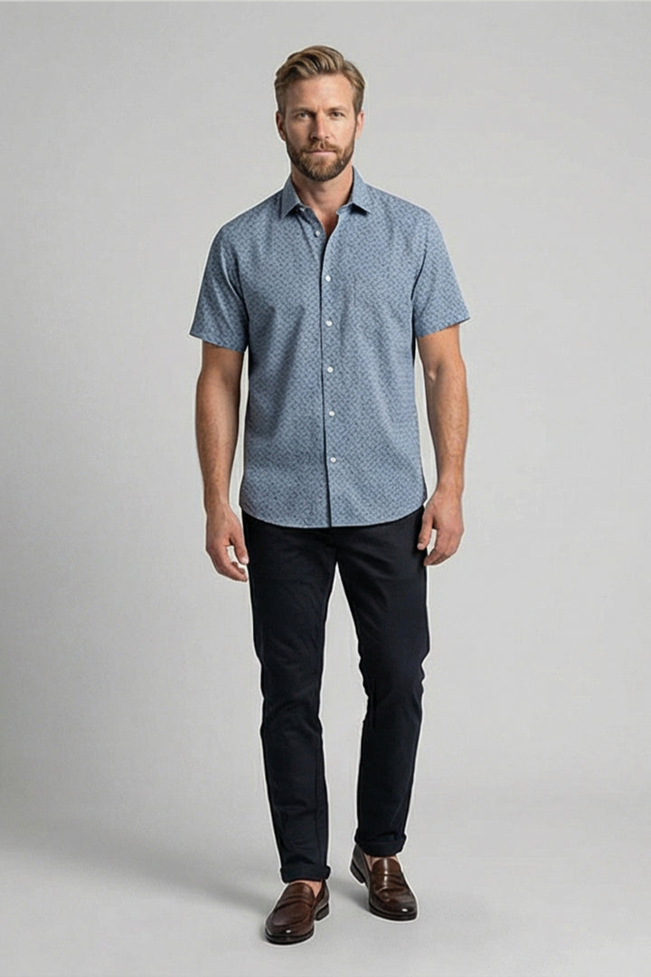 Giordano Puglia Sturctuur Korte Mouw Overhemd - Middenblauw