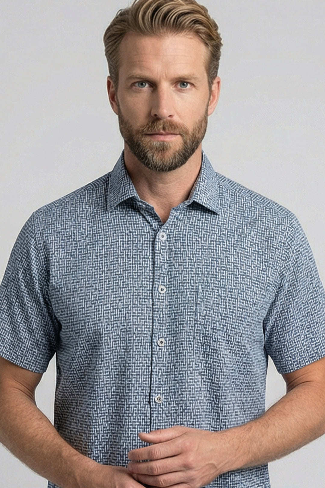 Giordano Puglia Sturctuur Korte Mouw Overhemd - Middenblauw