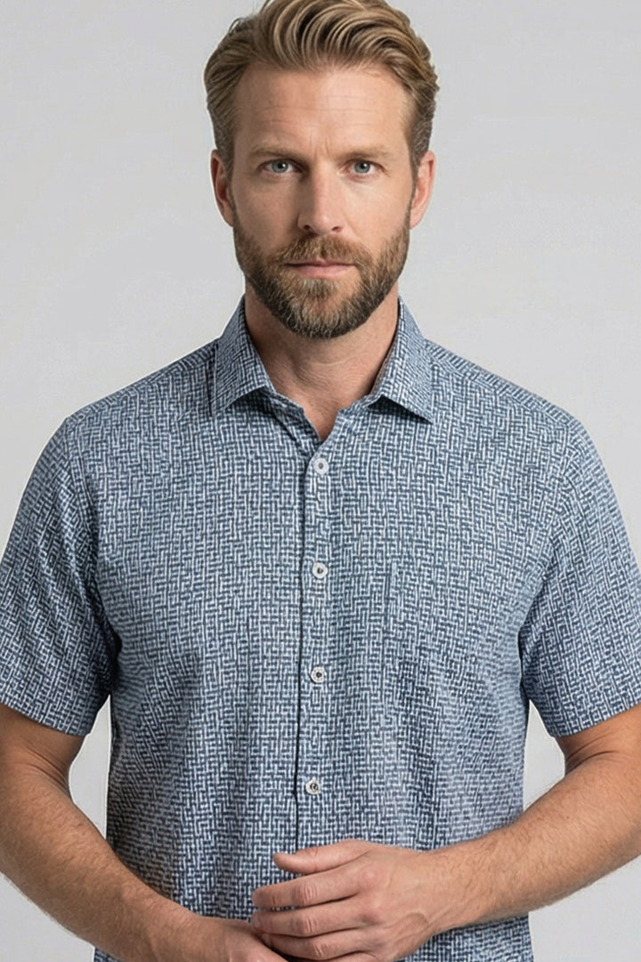 Giordano Puglia Sturctuur Korte Mouw Overhemd - Middenblauw