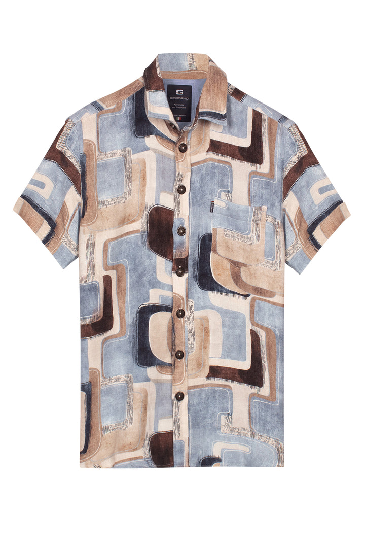Giordano Vivaro Geometrische Print Korte Mouwen Overhemd - Blue