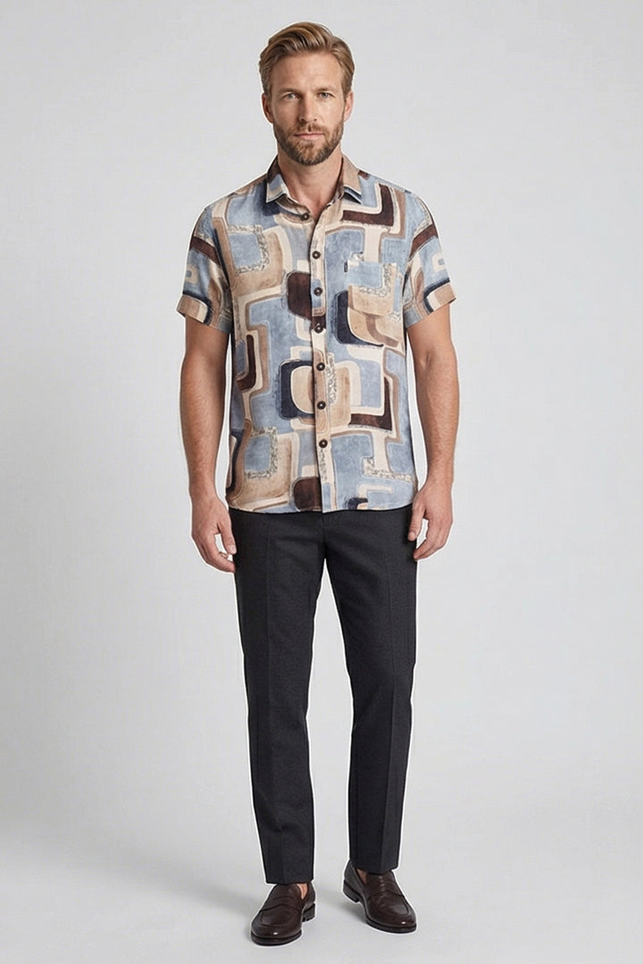 Giordano Vivaro Geometrische Print Korte Mouw Overhemd - Blauw