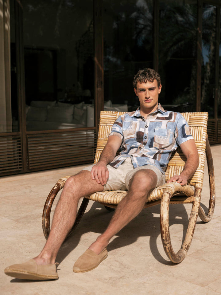 Giordano Vivaro Geometrische Print Korte Mouwen Overhemd - Blue