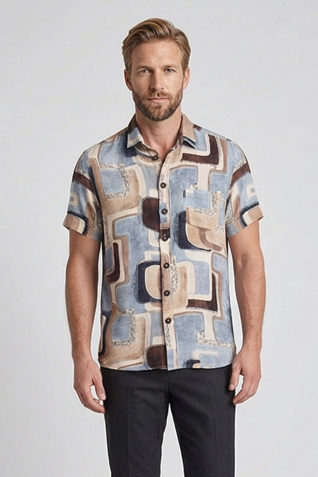 Giordano Vivaro Geometrische Print Korte Mouw Overhemd - Blauw