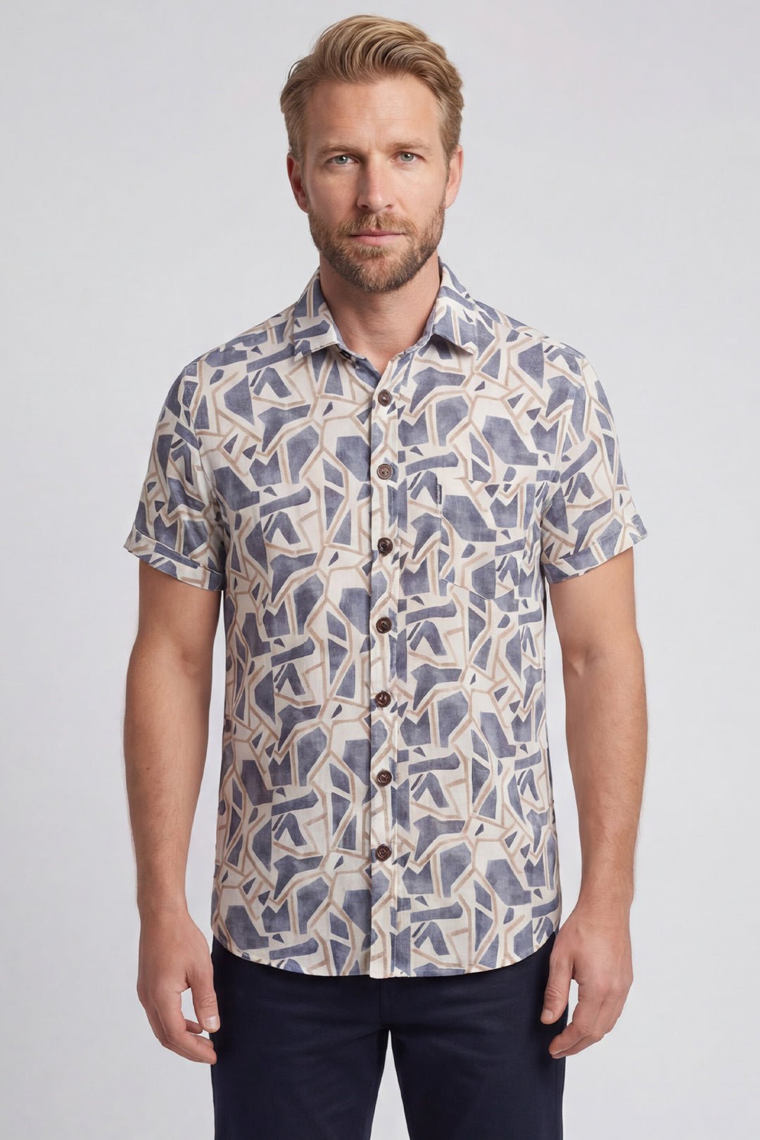 Giordano Vivaro Grafische print Korte Mouwen Overhemd - Blauw