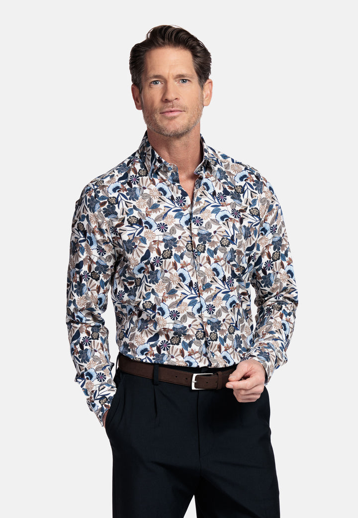 Giordano Belmonte Button Under Bloemenprint Overhemd - Blauw