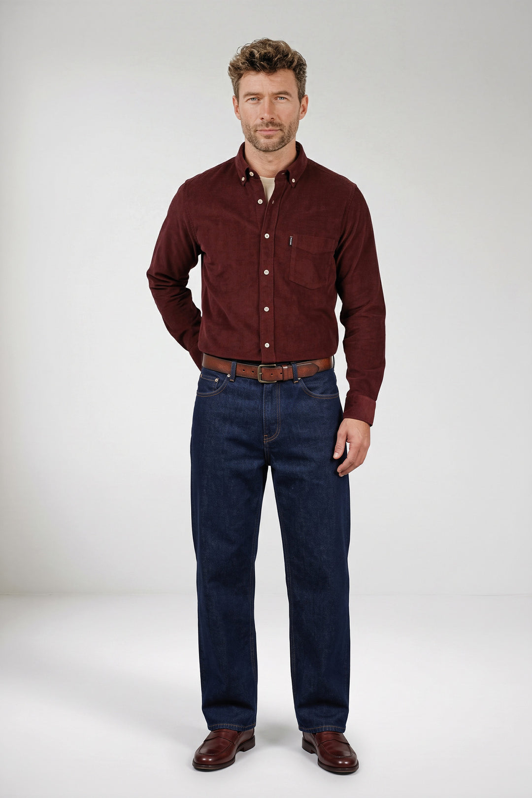 Dino Button Down Corduroy Overhemd - Bordeaux