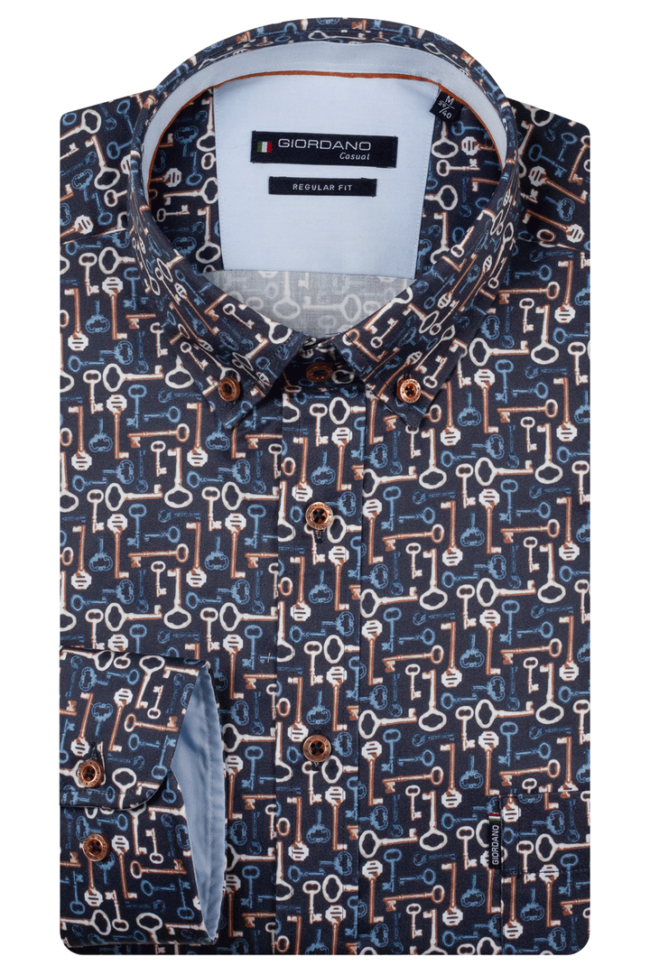 Dino Button Down Sleutelprint Overhemd - Blauw