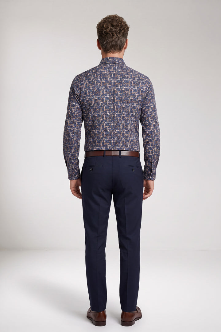 Dino Button Down Sleutelprint Overhemd - Blauw