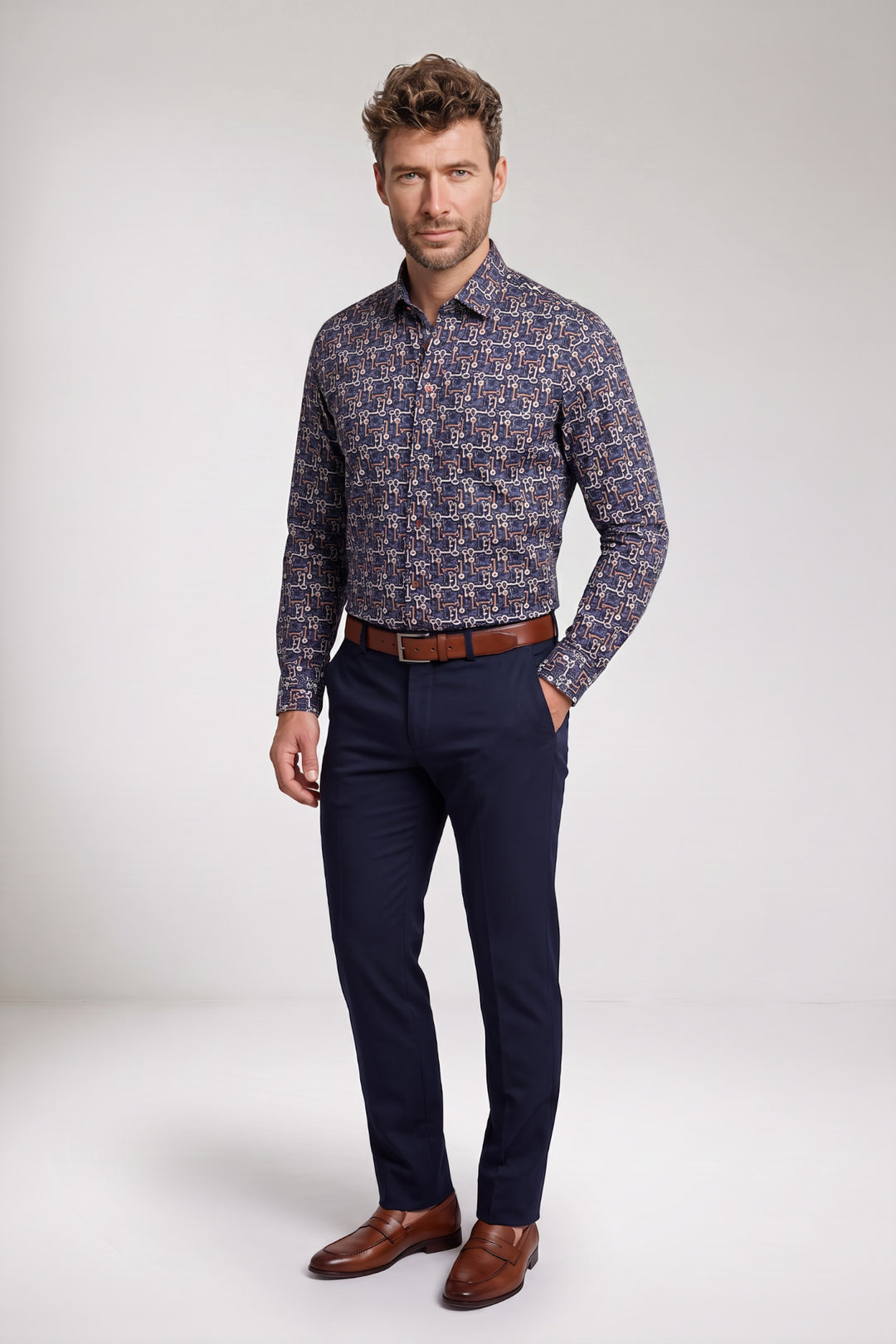 Dino Button Down Sleutelprint Overhemd - Blauw