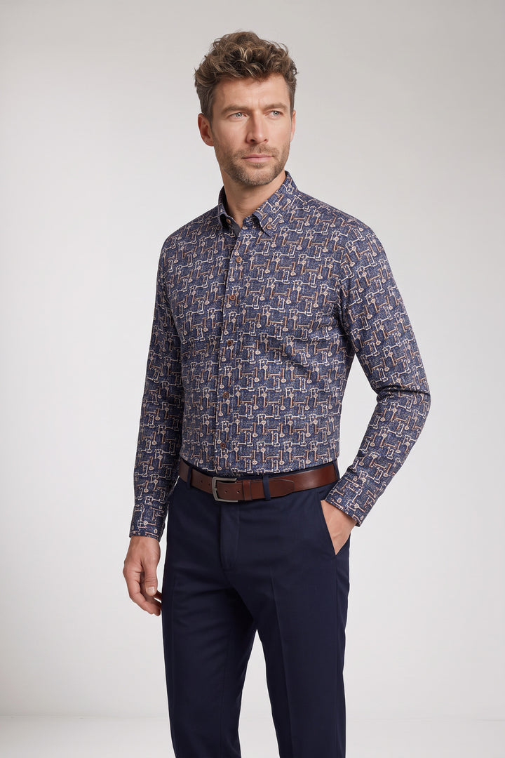 Dino Button Down Sleutelprint Overhemd - Blauw
