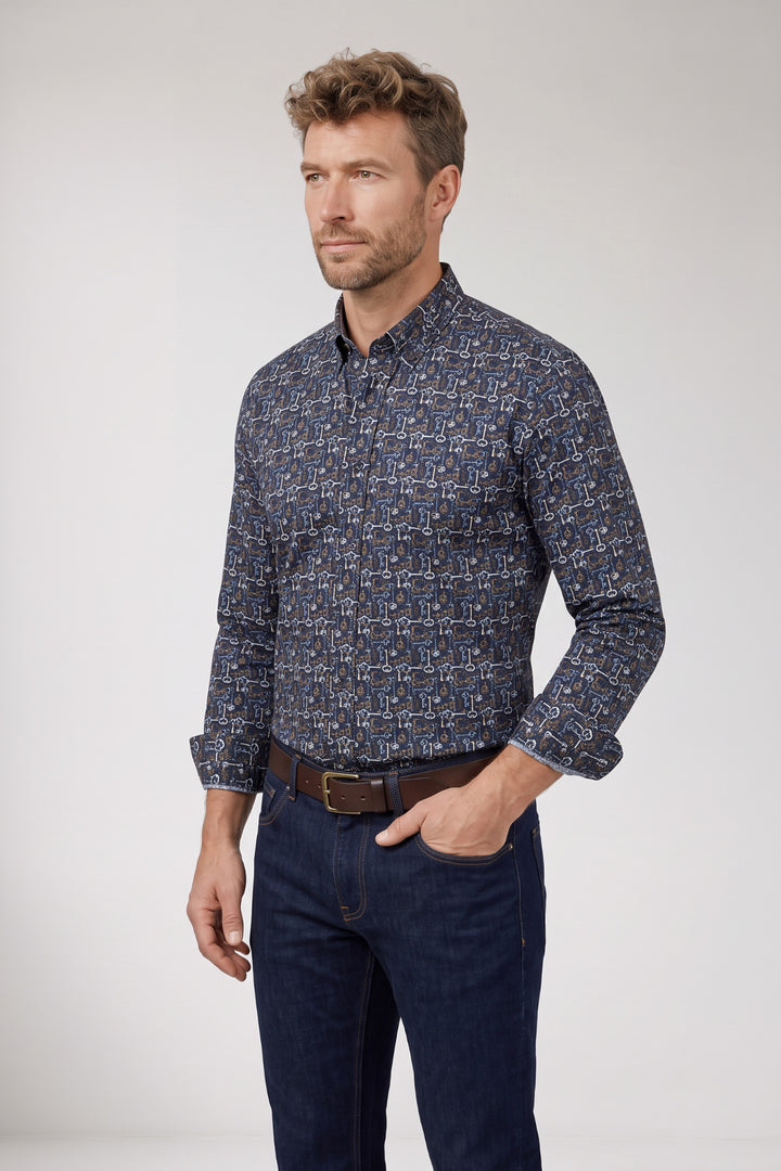 Dino Button Down Sleutelprint Overhemd - Groen