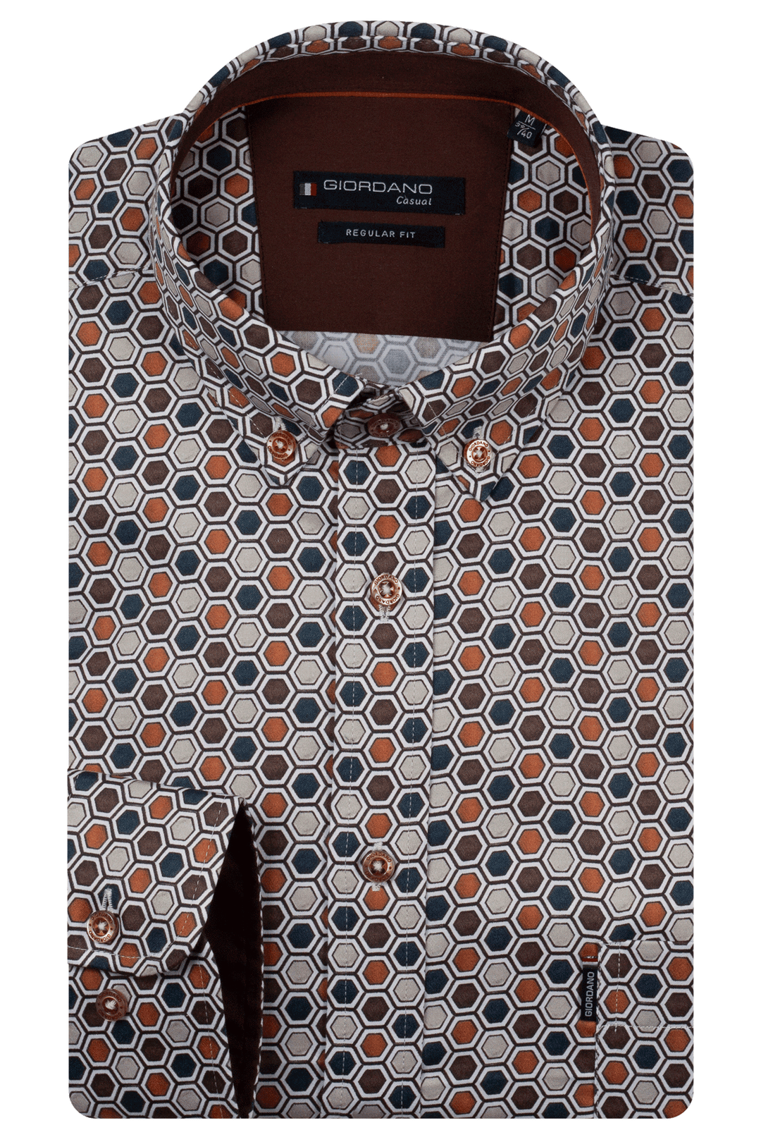 Dino Satin Stretch Geometrische Print Overhemd - Bruin