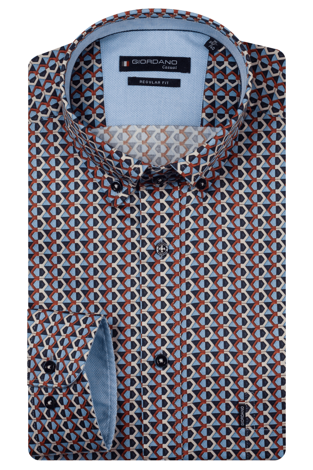 Dino Satin Stretch Geometrische Print Overhemd - Blauw
