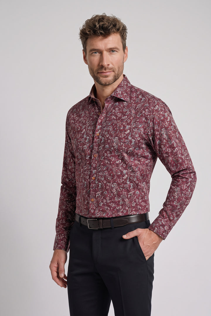 Ascona Soft Satin Bloemenprint Overhemd - Rood