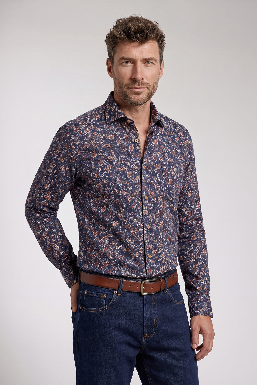 Ascona Satin-Stretch Print Overhemd - Blauw