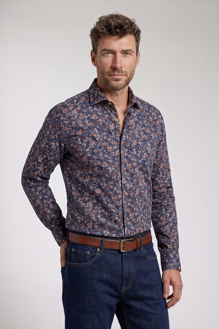 Ascona Satin-Stretch Print Overhemd - Blauw