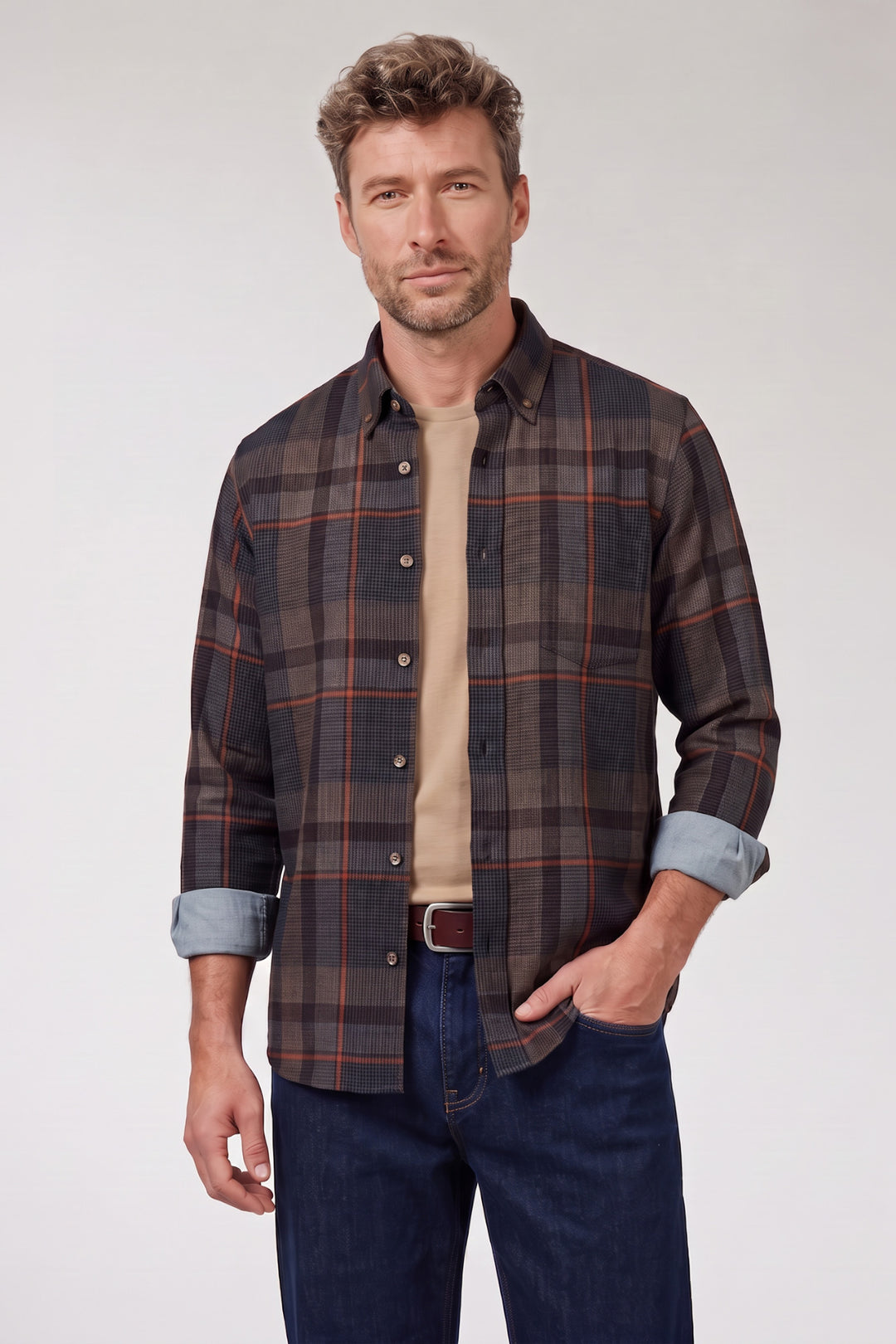 Dino Button Down Geruit Overhemd - Blauw