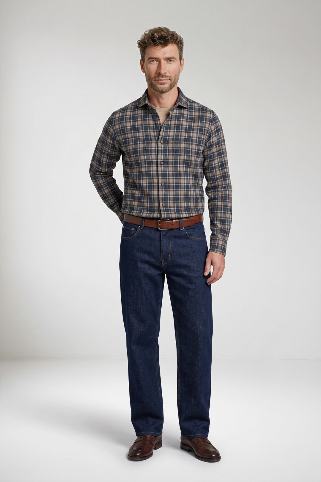 Row Brushed Herringbone Overhemd - Blauw