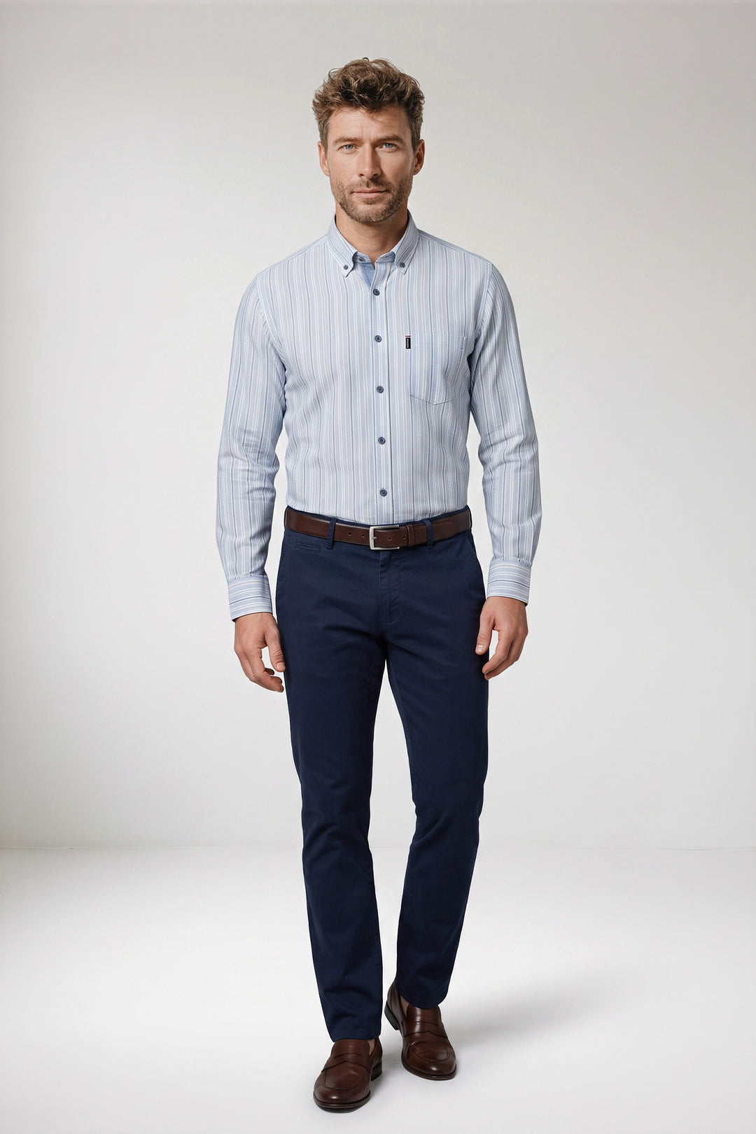 Dino Button Down Gestreept Overhemd - Lichtblauw