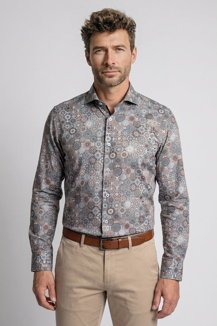 Locarno Semi Cutaway Bloemenprint Overhemd - Donkerblauw