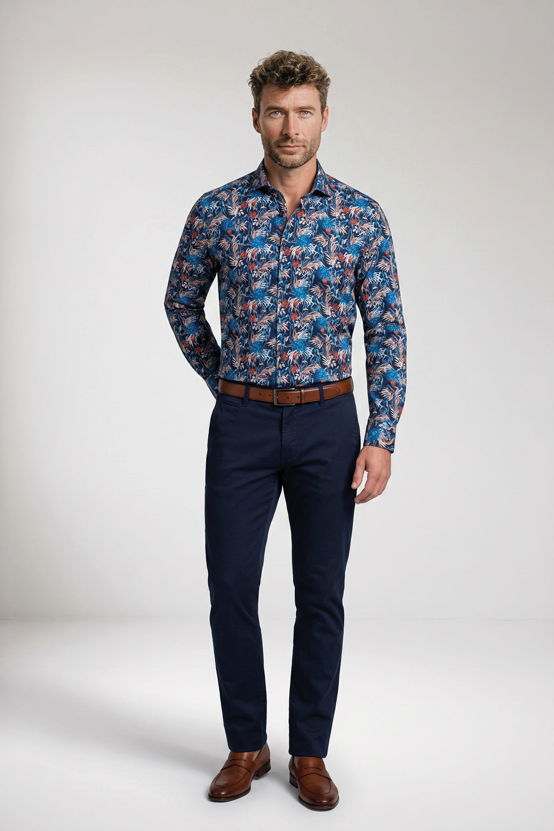 Locarno Semi Cutaway Bloemenprint Overhemd - Blauw