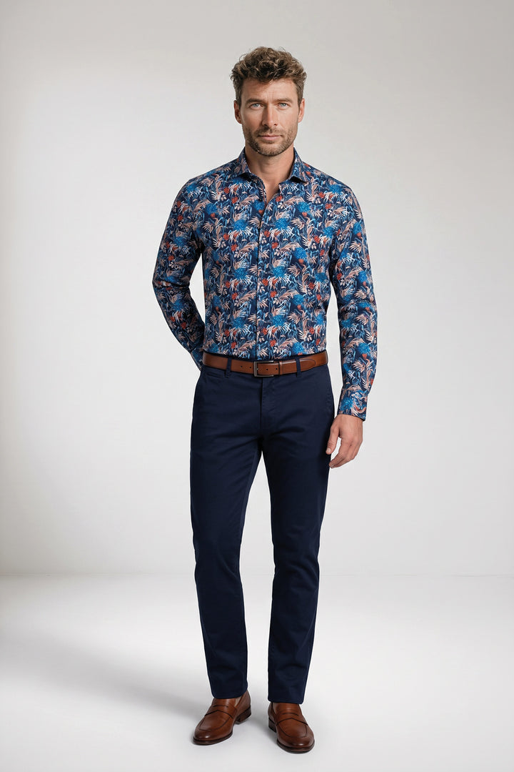 Locarno Semi Cutaway Bloemenprint Overhemd - Blauw